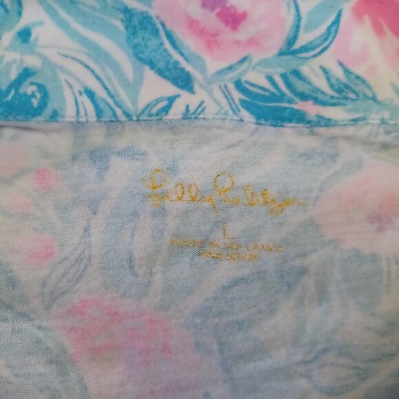Lilly Pulitzer Women’s Pajama Top Sz L Pink Blue Floral Button Front Sleep Shirt - Picture 2 of 7